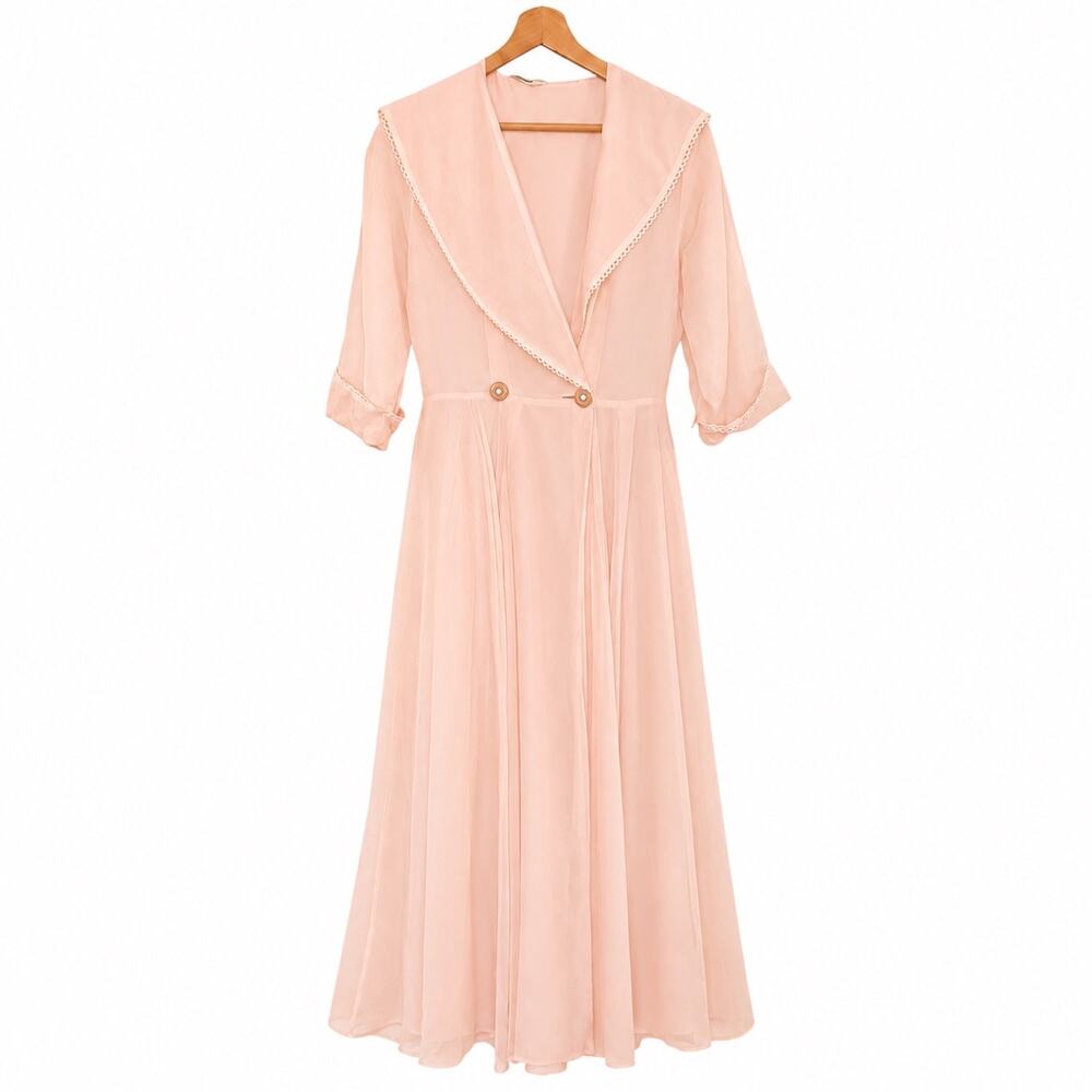 Vintage 50s Pink Housecoat Maxi Dress Robe Sheer Sailor Collar Small -
